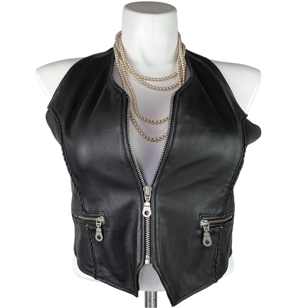 FIRST Biker Chic Zip Front Leather Halter Top XXL Black 2X
